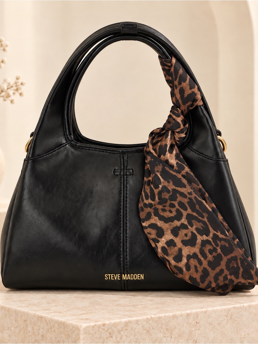 Steve Madden Black Leather Shoulder Bag with Leopard Scarf Accent